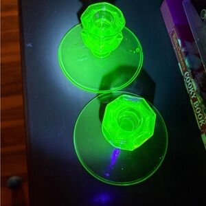 Vintage Uranium Glass Pair Candlestick Candle Holders 1920s Depression Era